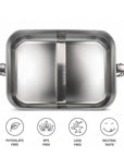 A bambaw stainless steel lunch two-compartment lunch box shown from a top-down view on a white background, with four circular icons below highlighting that it is phthalate free, BPS free, lead free, and has a neutral taste.