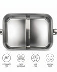 A bambaw stainless steel lunch two-compartment lunch box shown from a top-down view on a white background, with four circular icons below highlighting that it is phthalate free, BPS free, lead free, and has a neutral taste.