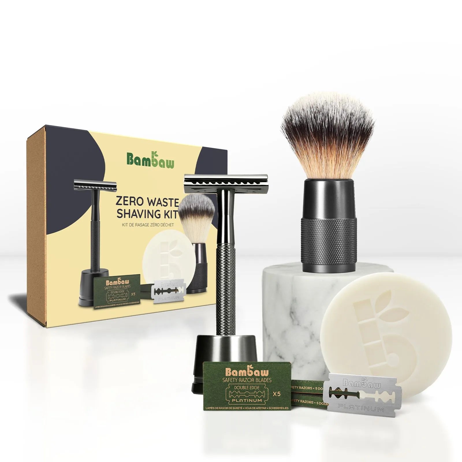 Bambaw Zero waste shaving kit with brush, razor, soap, and packaging on a white background
