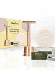 Bambaw Zero waste shaving kit with bronze safety razor, soap, and packaging on a white background