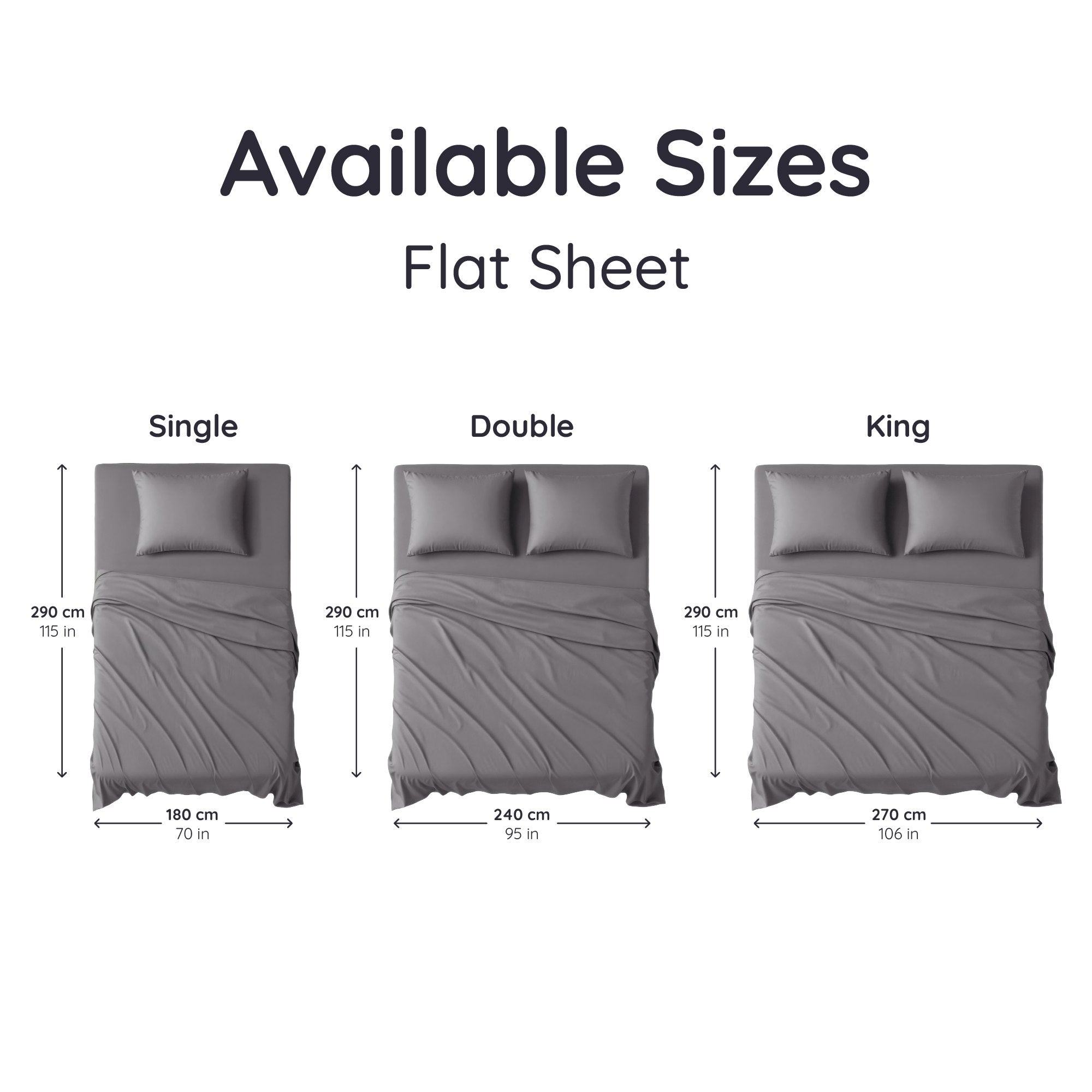 Diagram showing the dimensions of a Bambaw Cozy bamboo flat sheet for single, double, and king bed sizes.