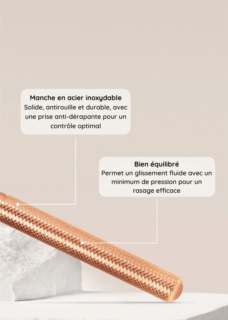 Bambaw rosegold safety razor razor handle with text on a beige background