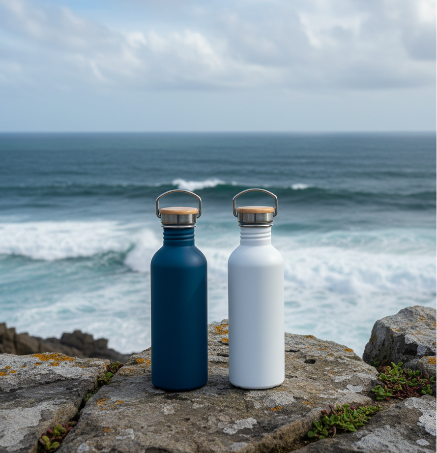 Two non-insulated Bambaw bottles, one blue and one white, on a rocky outcrop with ocean waves in the background.