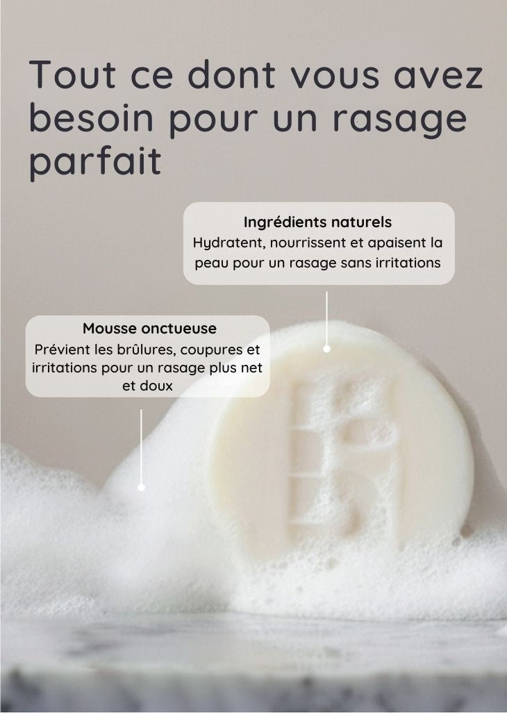Foamy Bambaw shaving bar of soap with text about natural ingredients and a smooth shave.