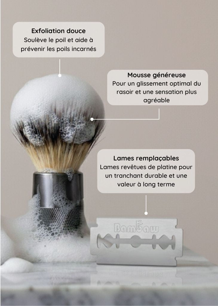 Bambaw Shaving brush with foam and razor blades on a marble surface, labeled in French.