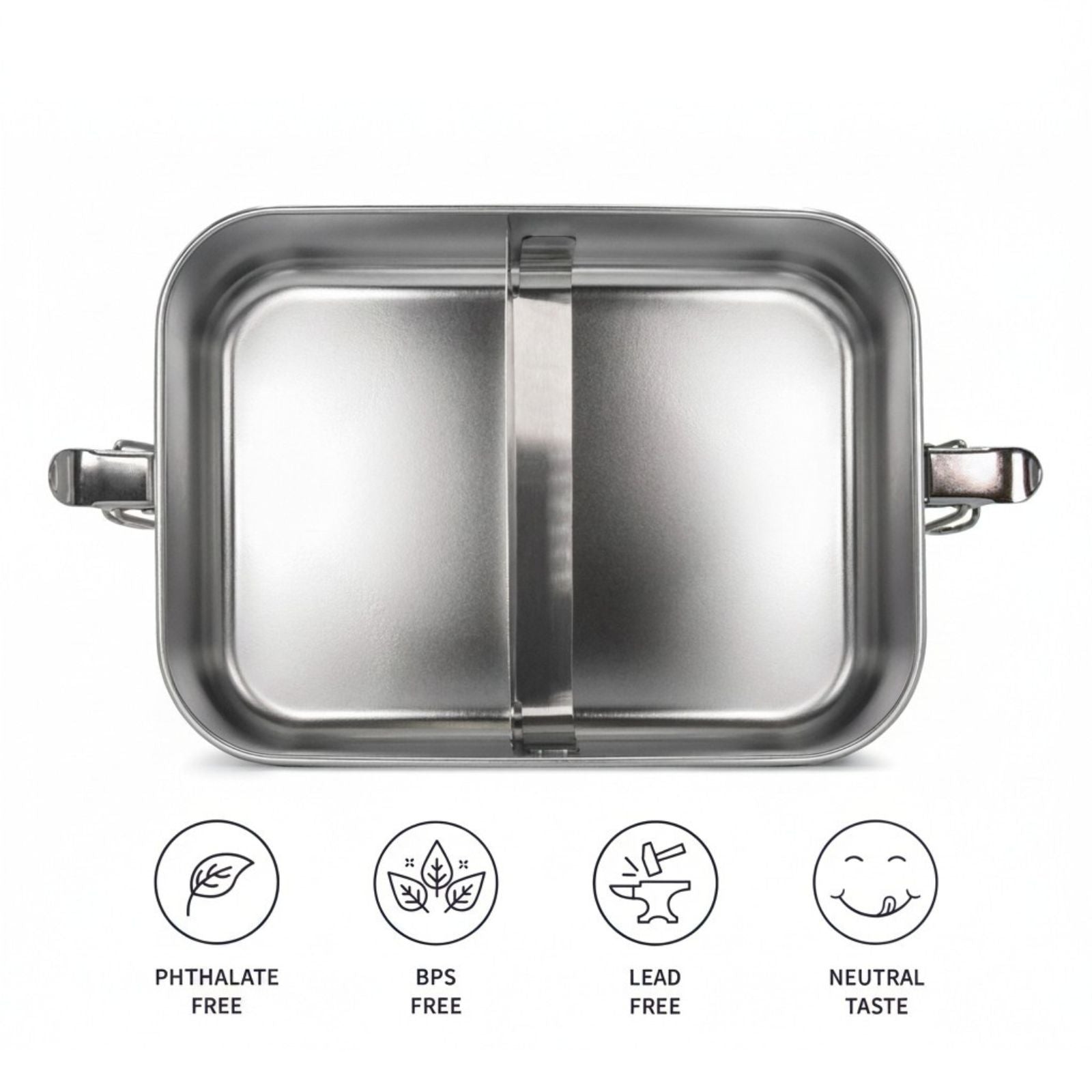 A bambaw stainless steel lunch two-compartment lunch box shown from a top-down view on a white background, with four circular icons below highlighting that it is phthalate free, BPS free, lead free, and has a neutral taste.