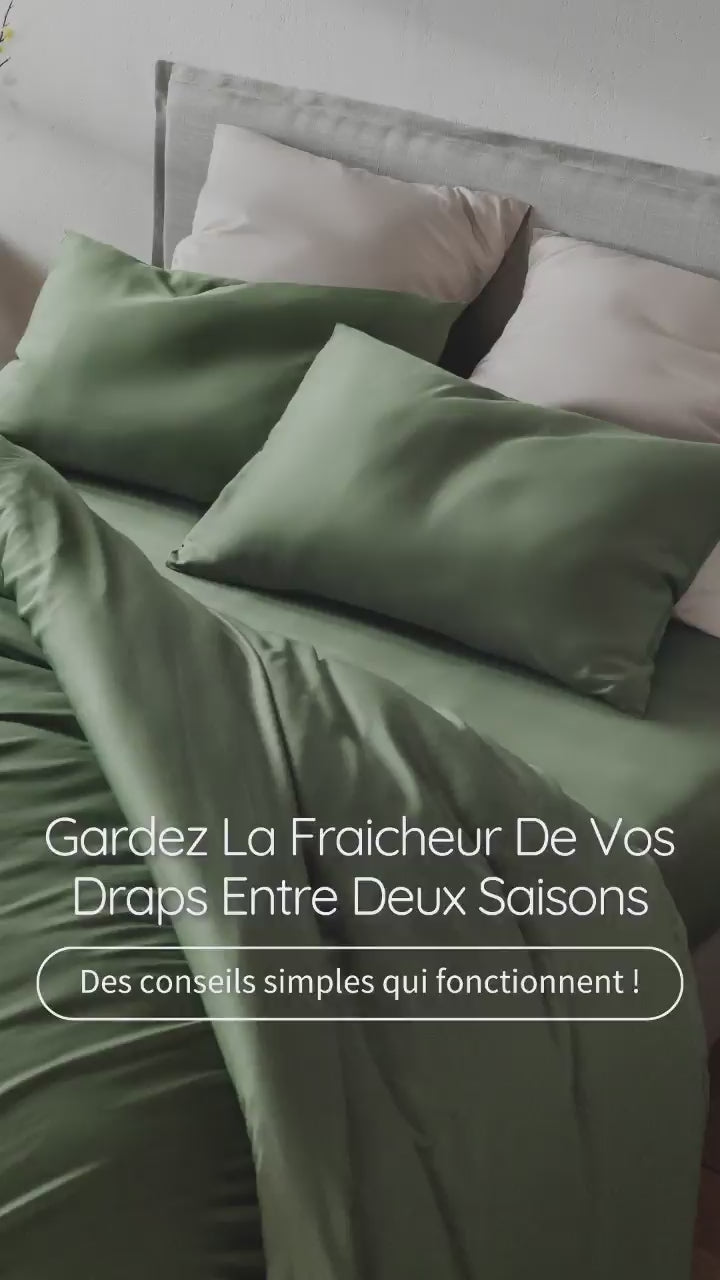 Ensemble de linge de lit en bambou Bambaw Cozy aux couleurs olive et sable avec housse de couette, drap housse et 4 taies d'oreiller